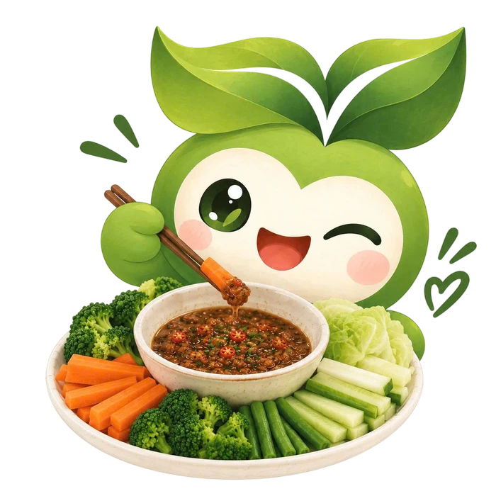 Linh vật Chay Chill thưởng thức rau củ và gia vị chay